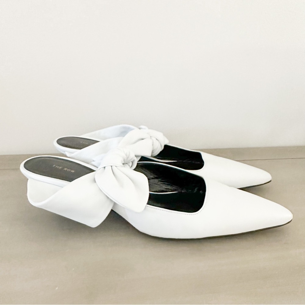 The Row White Leather Coco Bow Kitten Heel Mules sz 40 - Picture 3 of 13